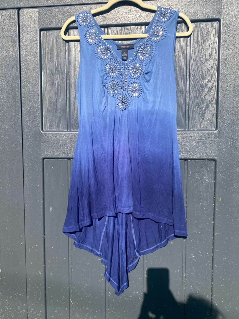 Style & Co Blue Ombre Studded Crochet Rayon Tank Tunic Top Size L Asymmetric Hem